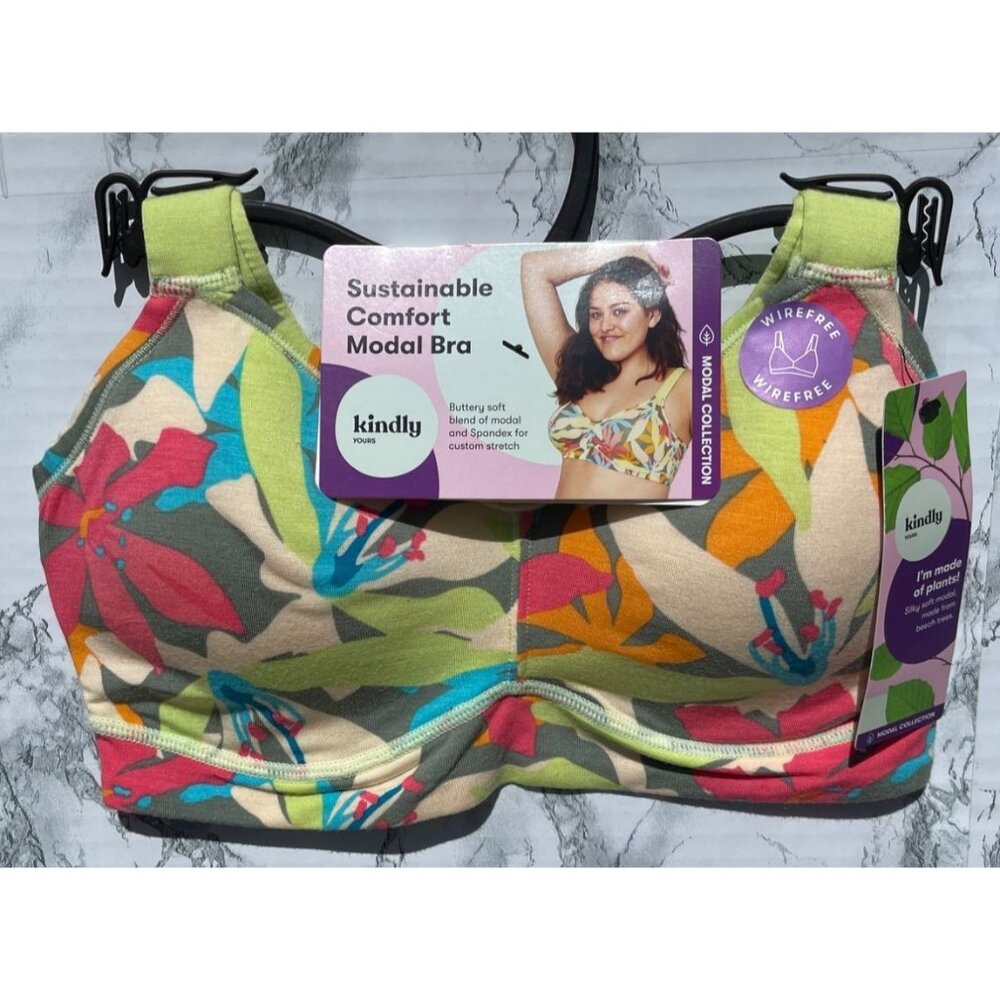 Kindly Yours Sustainable Comfort Modal Bra Small Tropical Floral Print Silky Sof - Picture 2 of 6